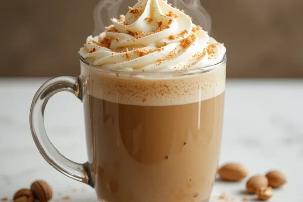 A steaming mug of vanilla hazelnut coffee with a swirl of whipped cream, dusted with hazelnut shavings