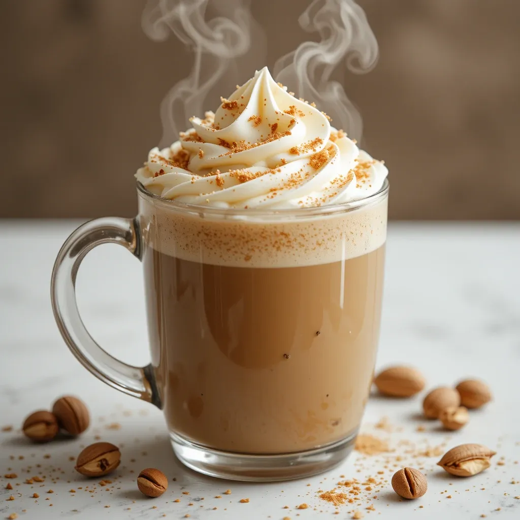 A steaming mug of vanilla hazelnut coffee with a swirl of whipped cream, dusted with hazelnut shavings