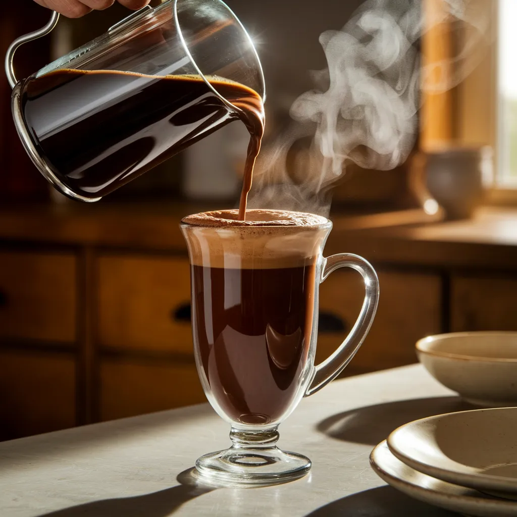 pouring rich chocolate coffee into the prepared mug