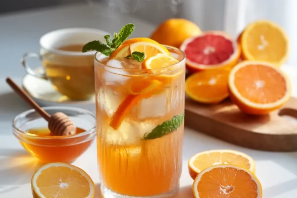 A bright, refreshing drink in a tall glass, filled with golden-hued citrus green tea, ice cubes, and garnished with fresh orange and lemon slices