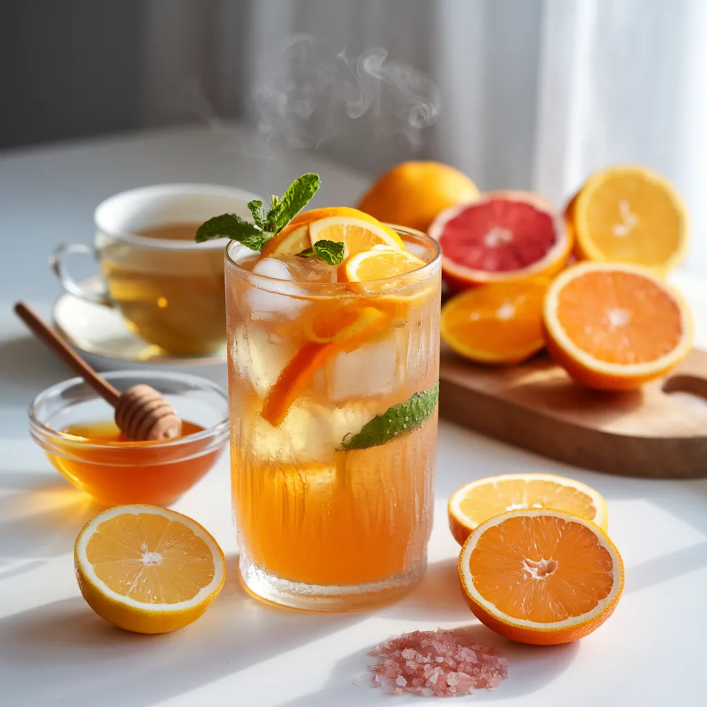 A bright, refreshing drink in a tall glass, filled with golden-hued citrus green tea, ice cubes, and garnished with fresh orange and lemon slices