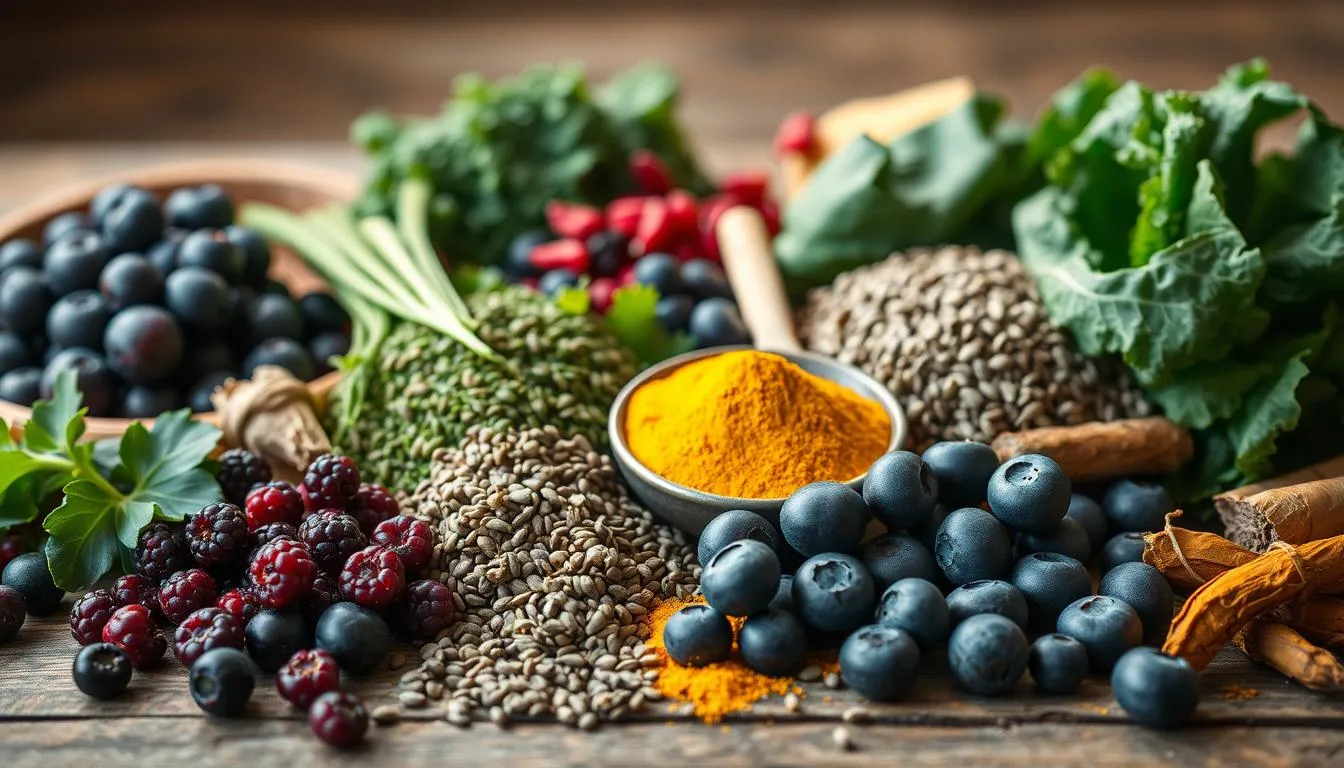 a display of various superfoods, like berries, seeds, turmeric, leafy greens, and herbs