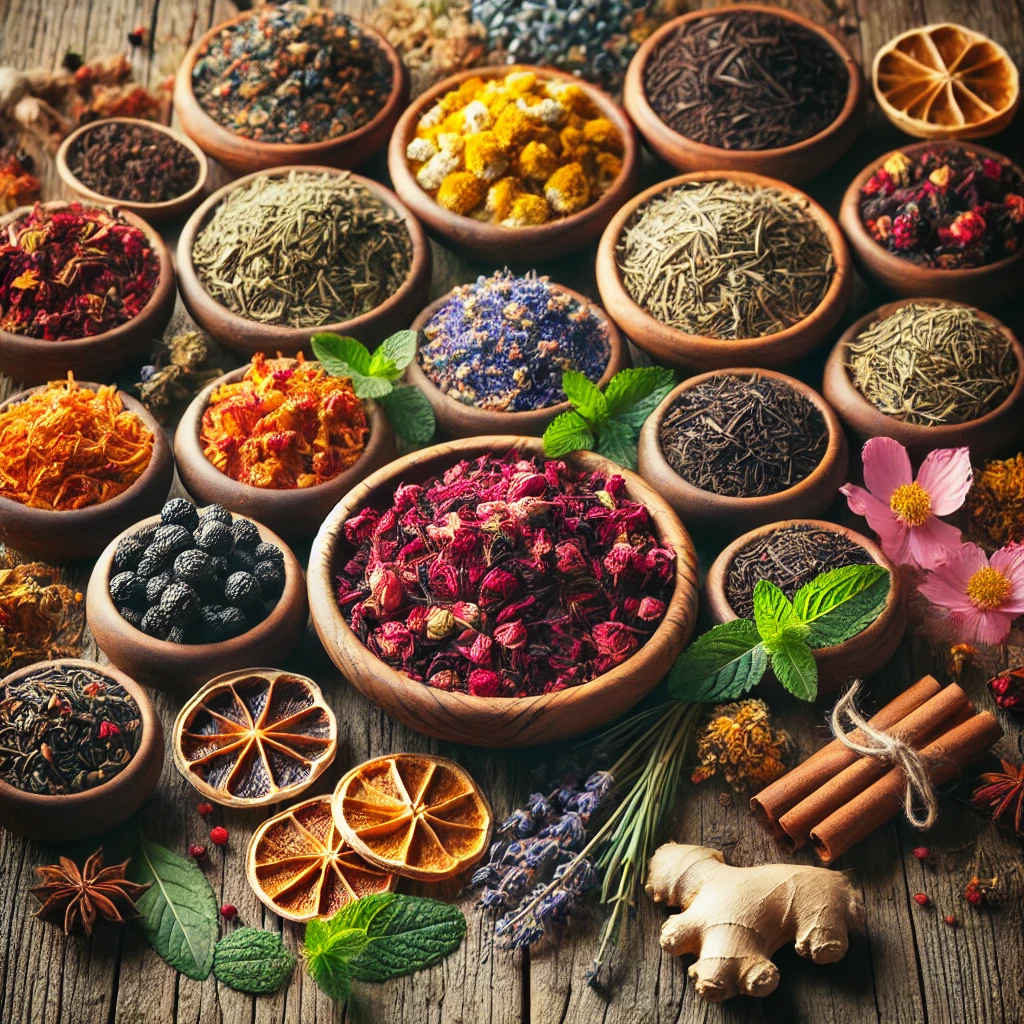 a variety of herbal teas including lavender peppermint hibiscus