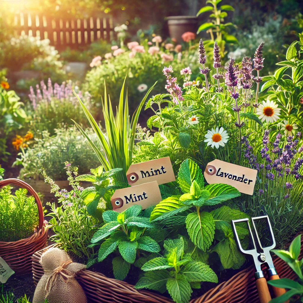 homegrown herbal tea garden with fresh herbs ready for harvesting