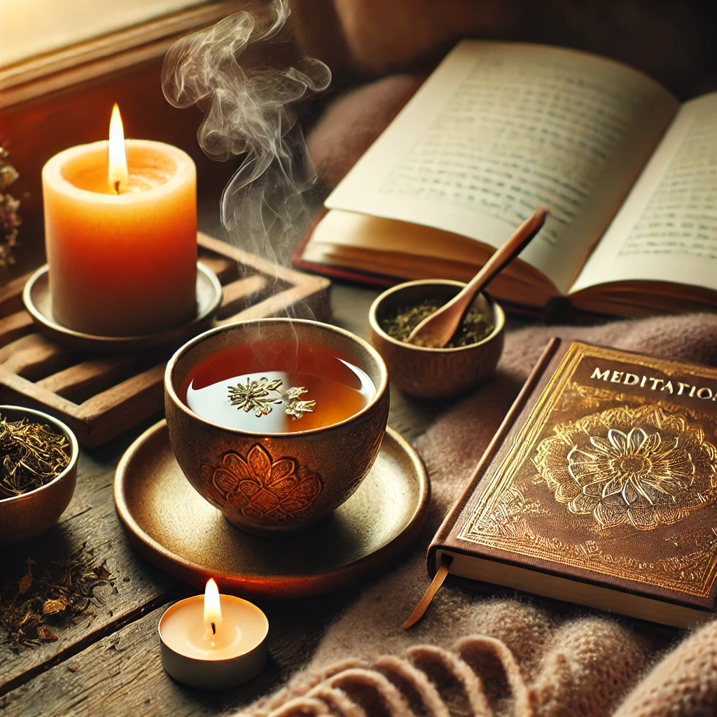herbal tea with a cozy blanket and a journal for relaxation and mindfulness