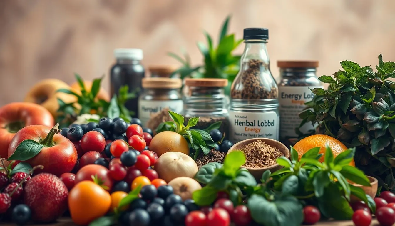 natural energy boost with fruit, vegetables, seeds, and herbs