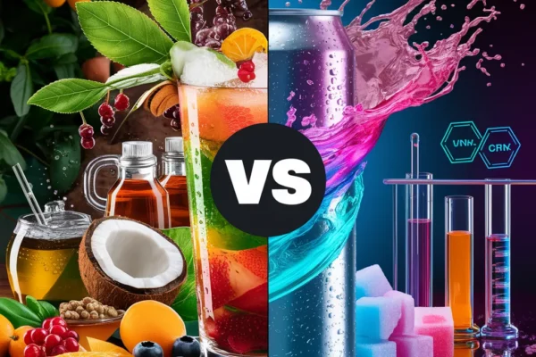 A side-by-side comparison image featuring two energy drinks one natural and one artificial.