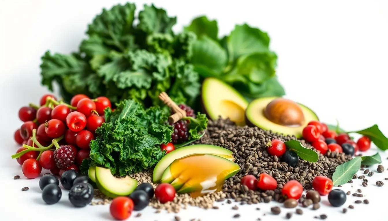 variety of superfoods, including greens, fruit, seeds