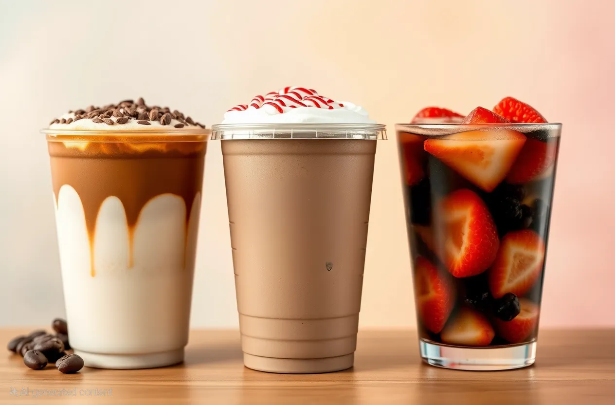 seasonal coffee of Pumpkin Spice Latte for fall, Peppermint Mocha for winter, or a fruity iced coffee for summer
