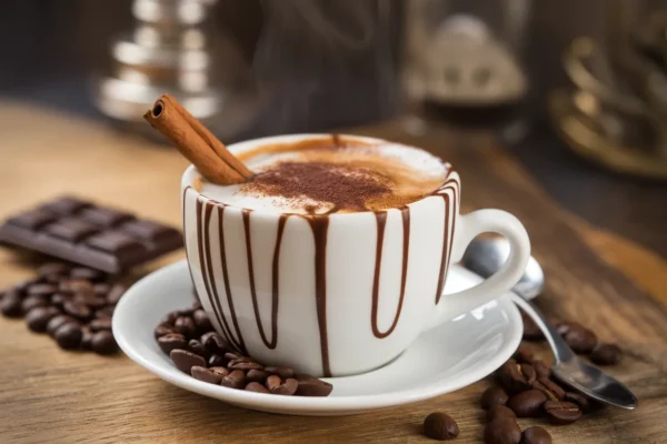 flavored coffee with cinnamon stick and chocolate drizzle