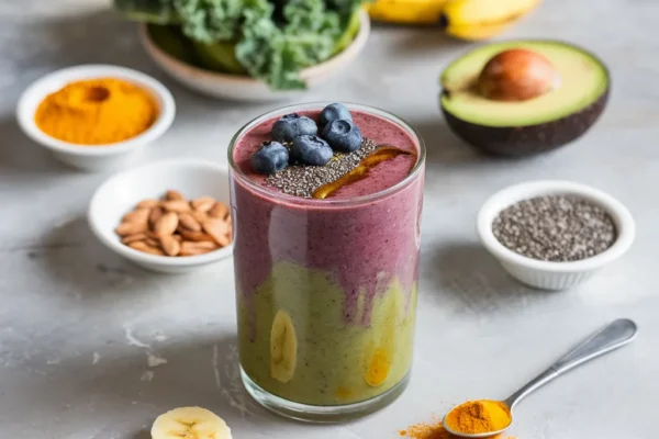 superfoods smoothie consisting of blueberries leafy greens chia seeds turmeric and more