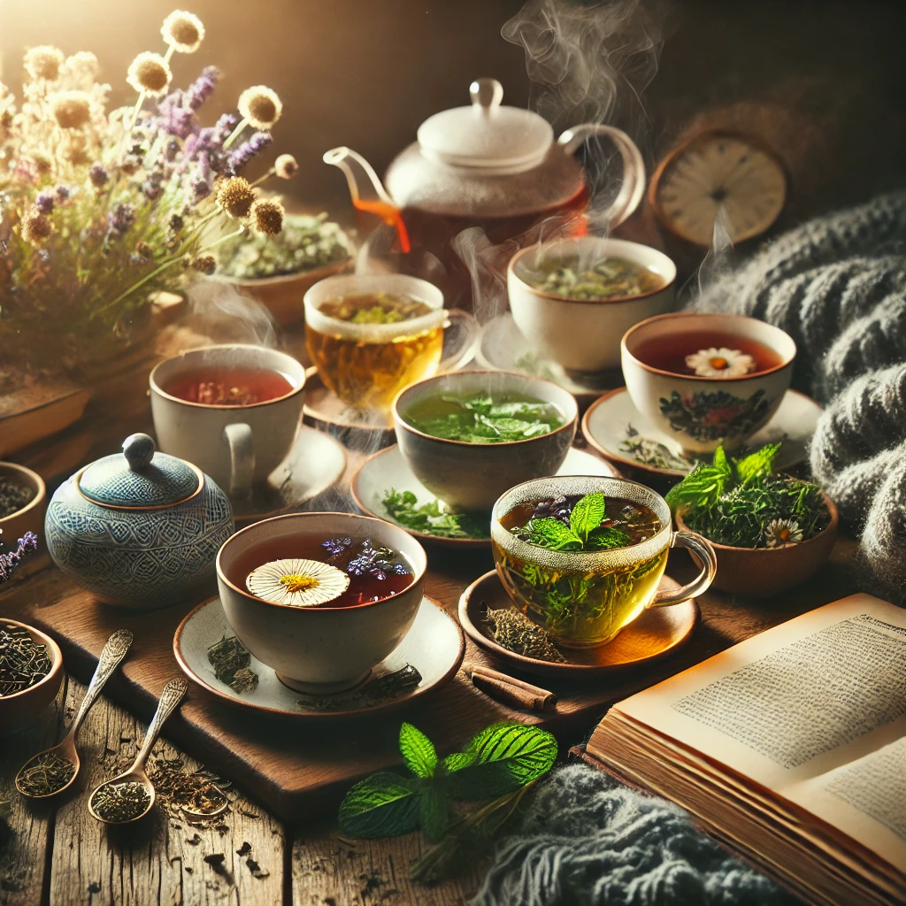 multiple teacups showcasing different herbal tea infusions