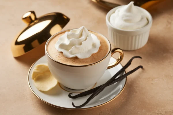 vanilla coffee with whipped cream and vanilla pods
