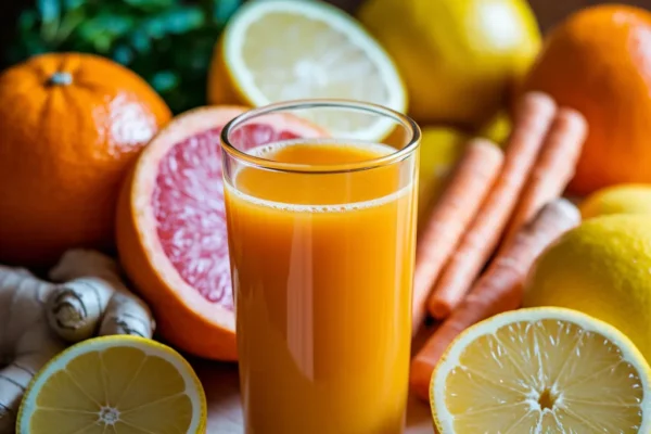a bright and refreshing glass of citrus juice with a vibrant orange-yellow hue, surrounded by freshly sliced oranges, grapefruits, lemons, and a piece of ginger