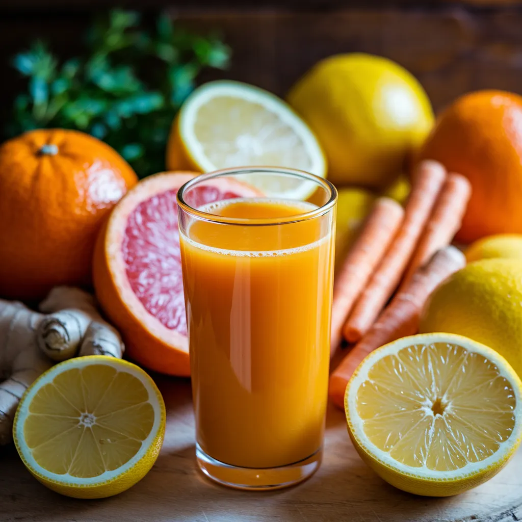a bright and refreshing glass of citrus juice with a vibrant orange-yellow hue, surrounded by freshly sliced oranges, grapefruits, lemons, and a piece of ginger