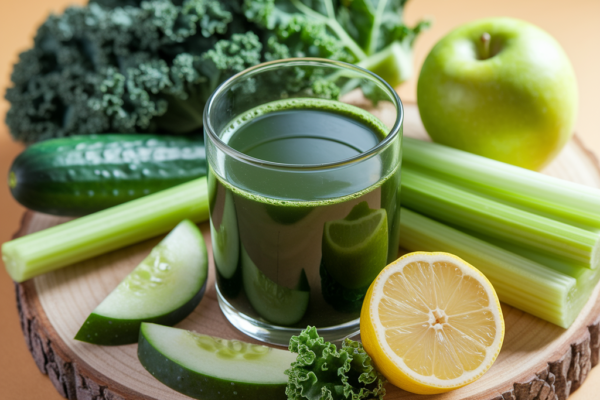 A deep green detox juice served in a clear glass, surrounded by fresh kale leaves, cucumber slices, green apples, celery stalks, and a halved lemon