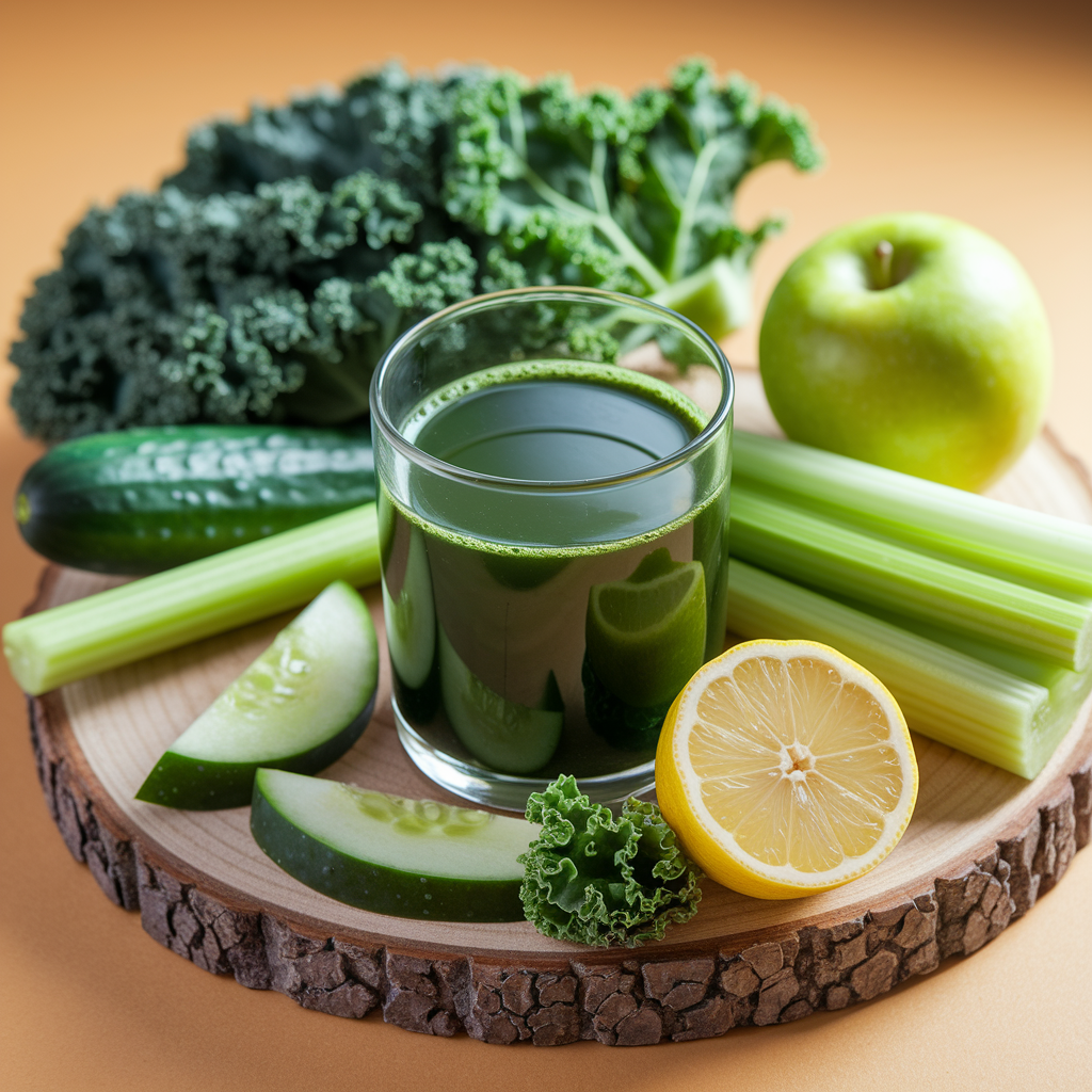A deep green detox juice served in a clear glass, surrounded by fresh kale leaves, cucumber slices, green apples, celery stalks, and a halved lemon