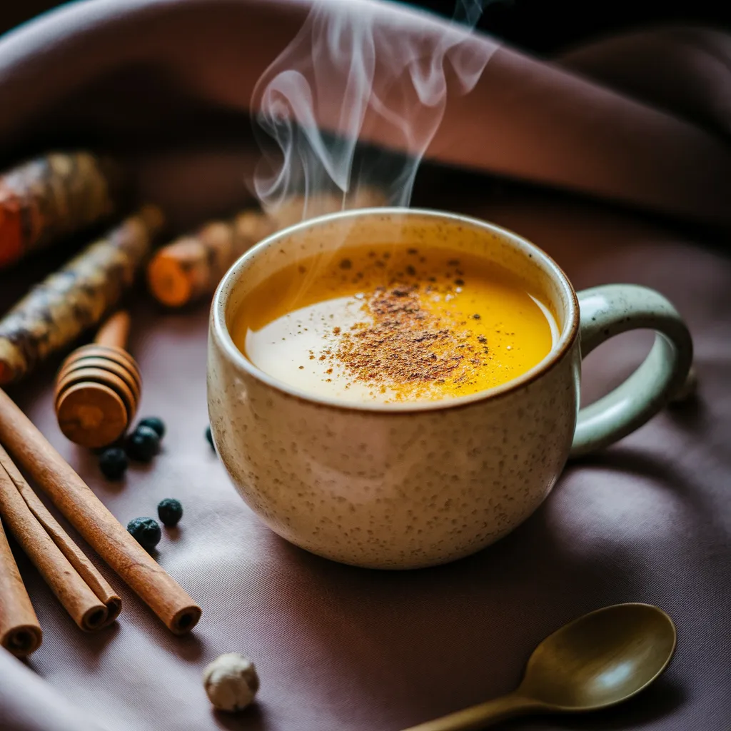 A golden, warm turmeric-infused sleep tonic in a cozy ceramic mug, with steam rising gently to indicate warmth