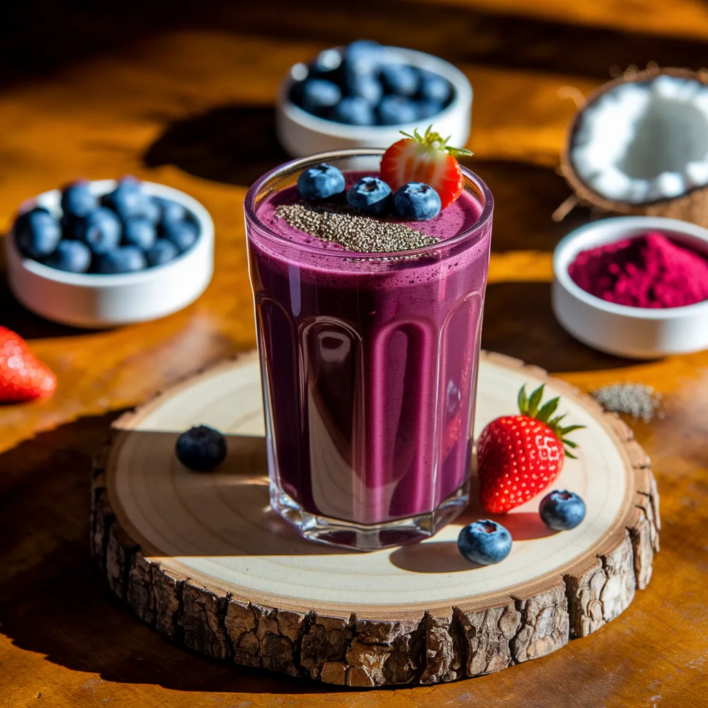 a vibrant purple-red berry juice served in a tall glass, garnished with a few fresh blueberries, strawberries, and a sprinkle of chia seeds on top