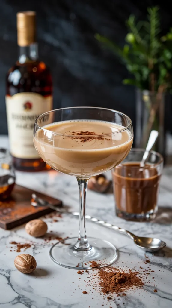 A decadent Brandy Alexander cocktail elegantly poured into a chilled martini glass. The creamy, pale beige drink is topped with freshly grated nutmeg and a sprinkle of cocoa powder. In the background, a small bottle of brandy, dark crème de cacao, and a bar spoon are visible on a marble countertop