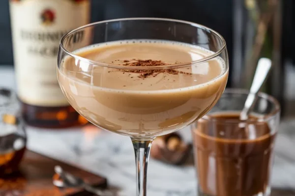 A decadent Brandy Alexander cocktail elegantly poured into a chilled martini glass. The creamy, pale beige drink is topped with freshly grated nutmeg and a sprinkle of cocoa powder. In the background, a small bottle of brandy, dark crème de cacao, and a bar spoon are visible on a marble countertop