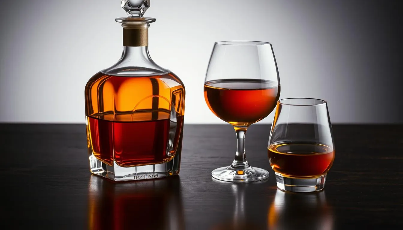 a table with a bottle with hard-liquor and a brandy glass with brandy and a cognac glass with cognac