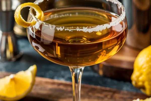 A beautifully presented Sidecar cocktail served in a classic coupe glass with a sugar-rimmed edge. The drink has a golden, slightly amber hue, garnished with a curled lemon twist. The background features fresh lemons, a cocktail shaker, and a rustic wooden bar surface