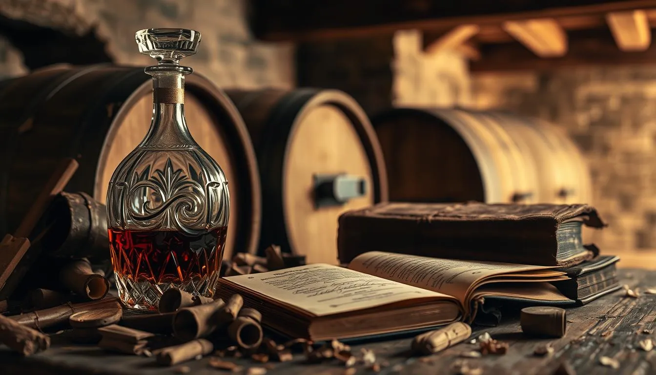 history of brandy and cognac, on a table a brandy decanter next to book with brandy and cognac recipes. with barrels in the background