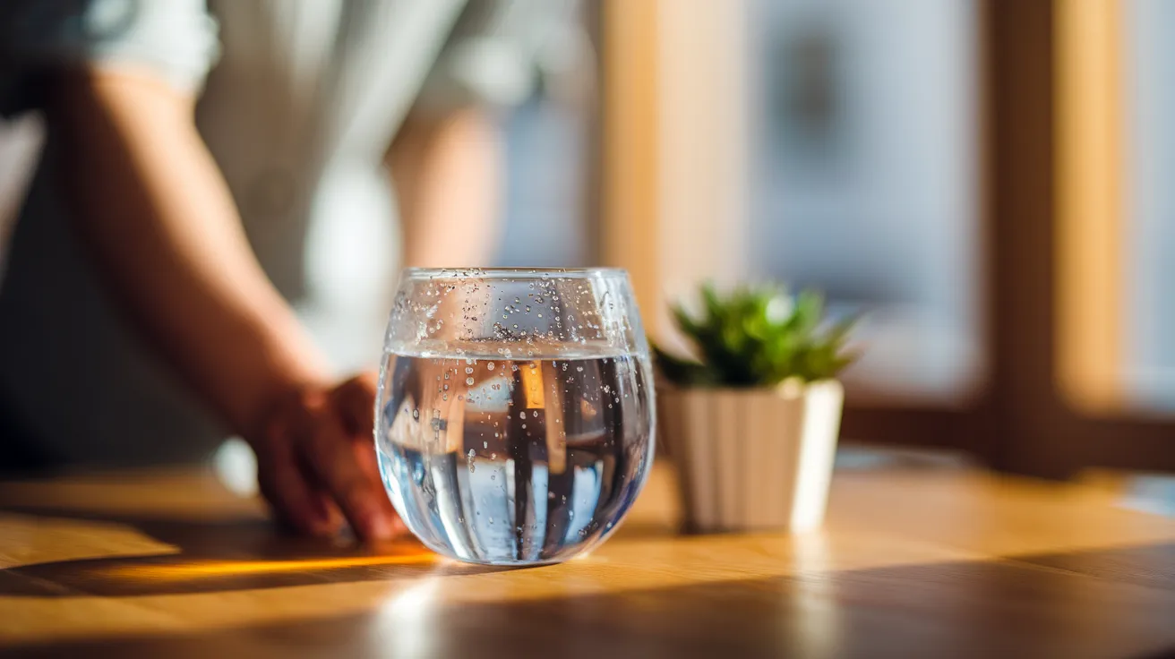a glass of crystal-clear water with droplets condensing on its surface 