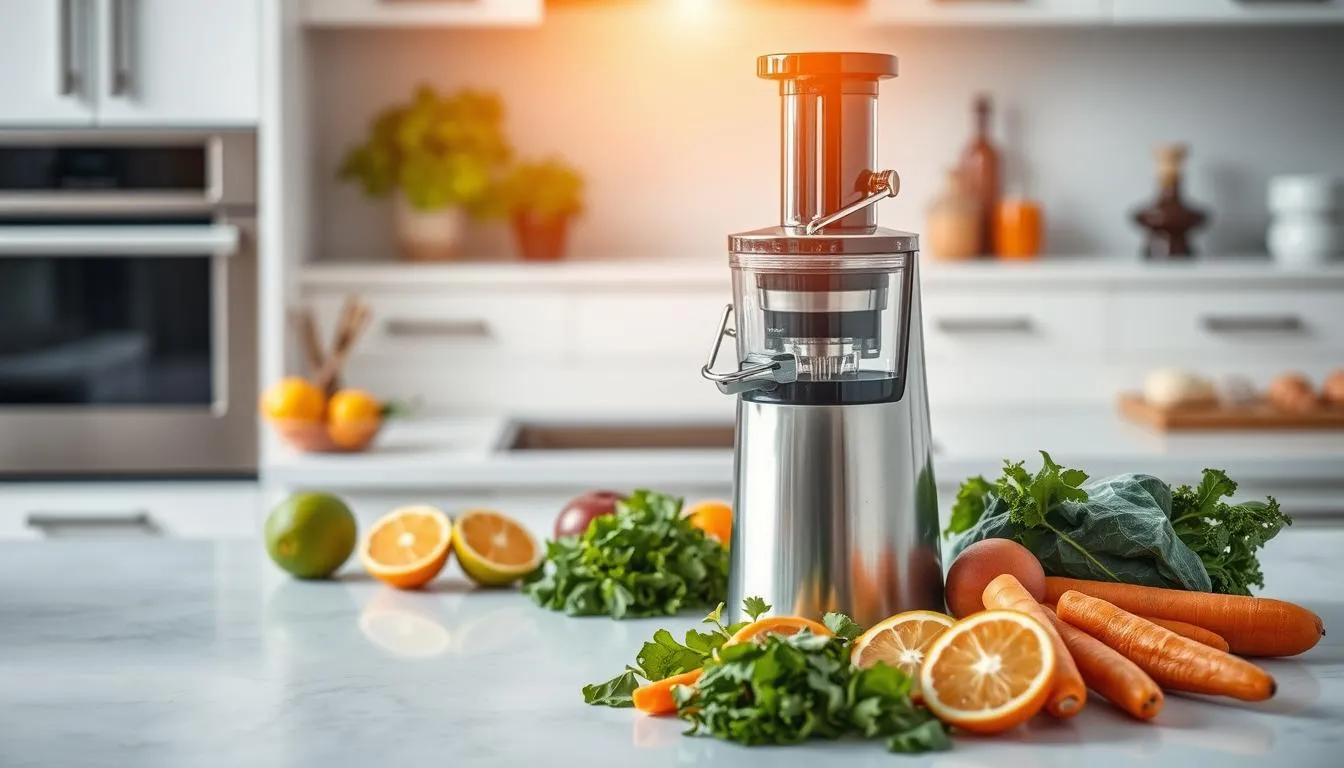 a juicer on a kitchen counter with fruit and vegetables, prepared to be juiced