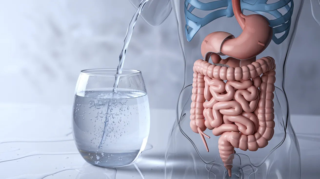 a glass of clear water next to a transparent human torso model showing the digestive system, with organs highlighted in soft colors