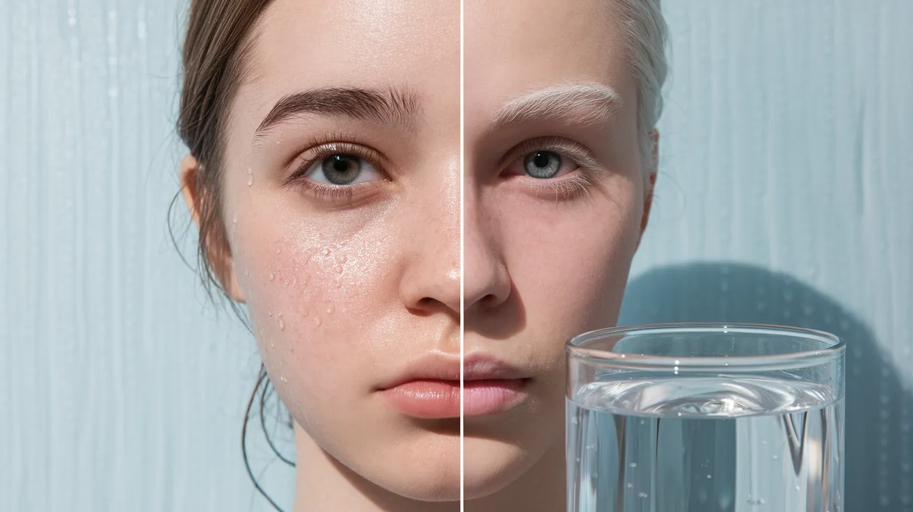 view of a young individual, showing half with hydrated with clear, glowing skin, and the other half dehydrated with dry, dull skin