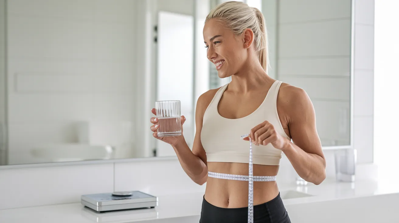a fit, smiling female in workout clothes holding a glass of water in one hand and a measuring tape around her waist in the other