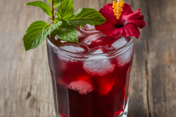 refreshing zobo hibiscus tea punch herbal drink in a glass topped with ice