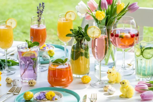 A bright and inviting Easter brunch table set outdoors in soft natural light