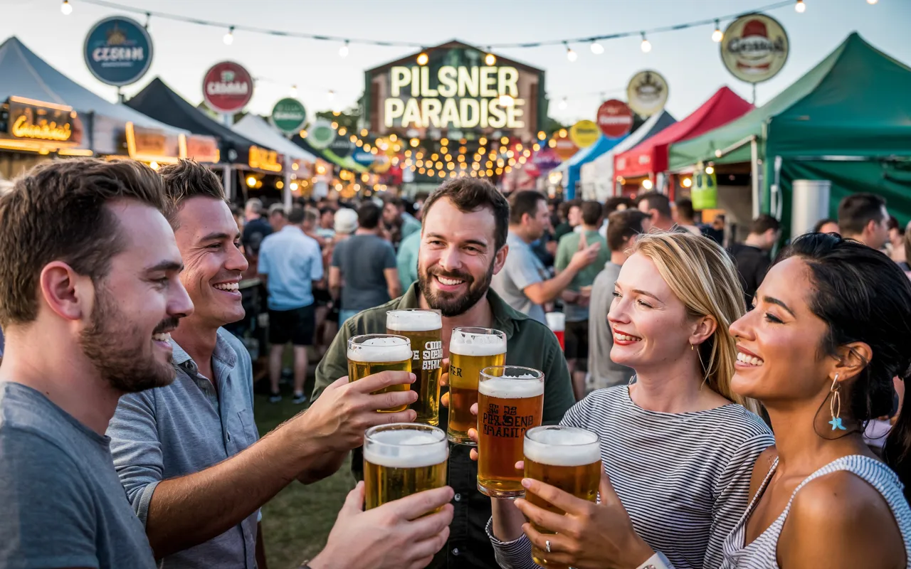 A vibrant beer festival scene with people holding pints of pilsner, food trucks nearby, and brewery tents representing international pilsner brands.