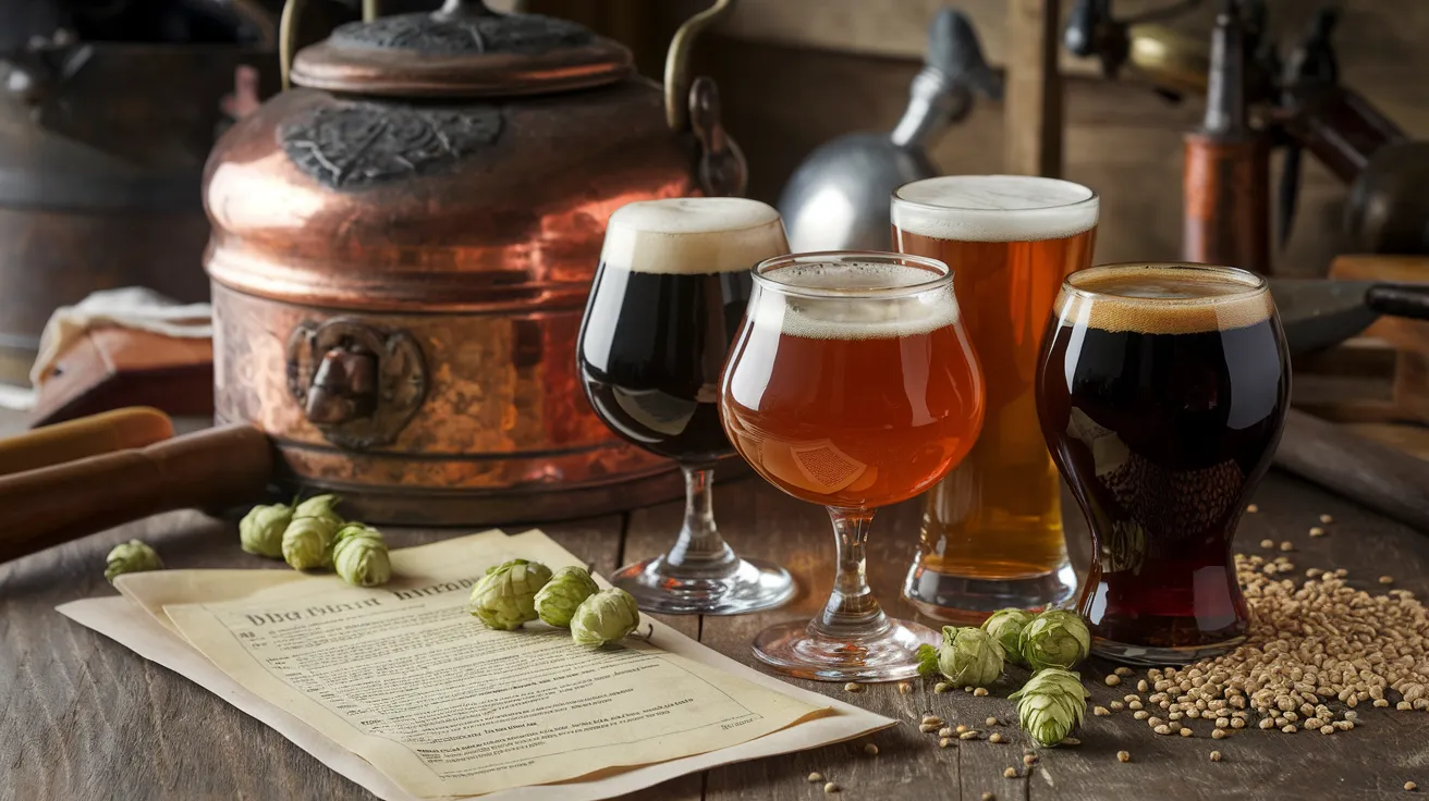 three glasses of different ales, ranging from light amber to dark brown, next to an antique copper brewing kettle. A parchment with an old brewing recipe and some scattered hop cones and barley grains are visible on the table