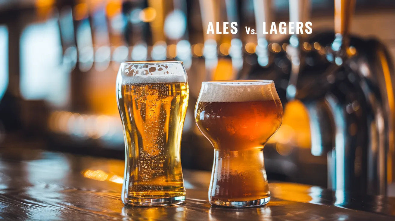 two beer glasses side by side on a wooden bar top, one containing a golden, clear lager with bubbles rising, the other a darker, slightly cloudy ale with a frothy head. Behind the glasses, blurred bottles and taps showcase various beer styles