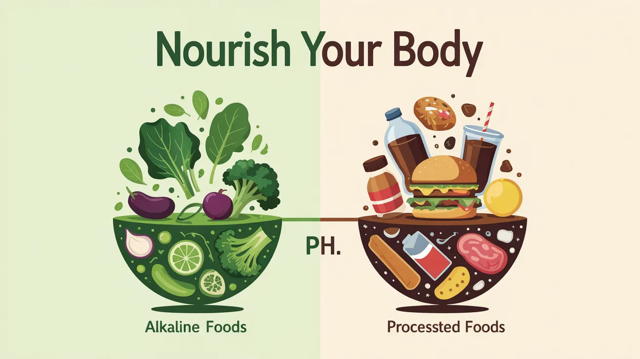 A visual split: one side showing alkaline-promoting foods (green vegetables) and the other side showing acidic foods (processed foods, sodas).