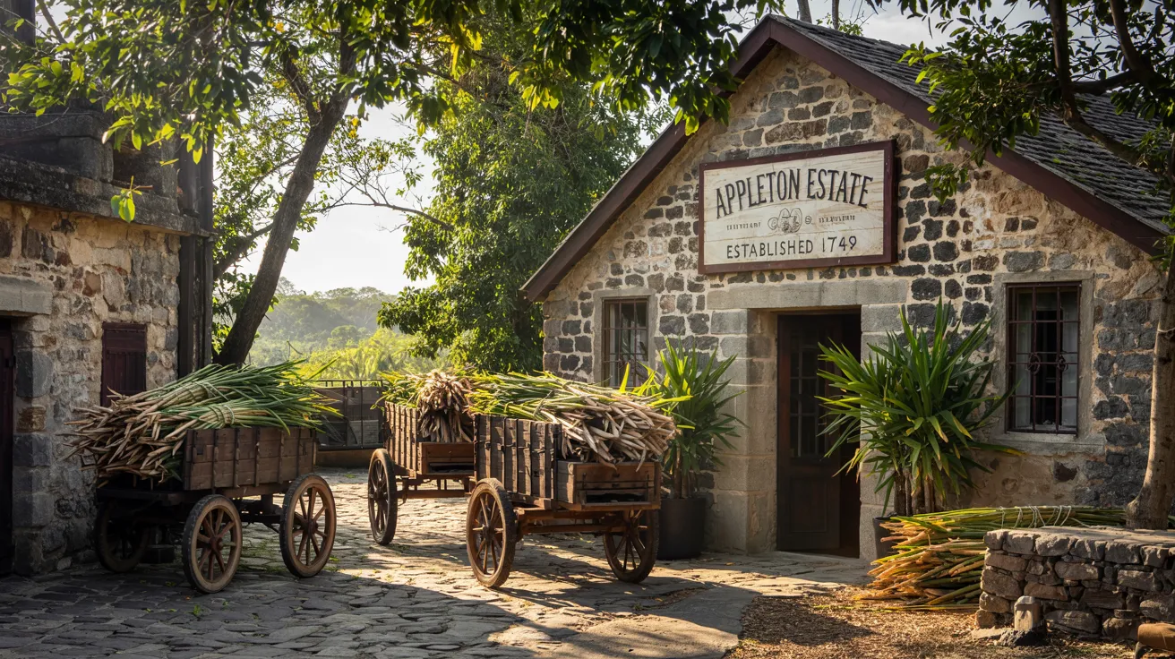 The exterior of the Appleton Estate distillery with sugarcane carts and signage showcasing its founding date.