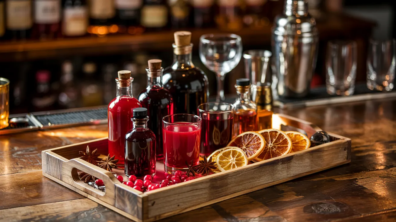 Craft cranberry bitters, syrups, and dried garnishes displayed on a wooden tray for cocktail use.