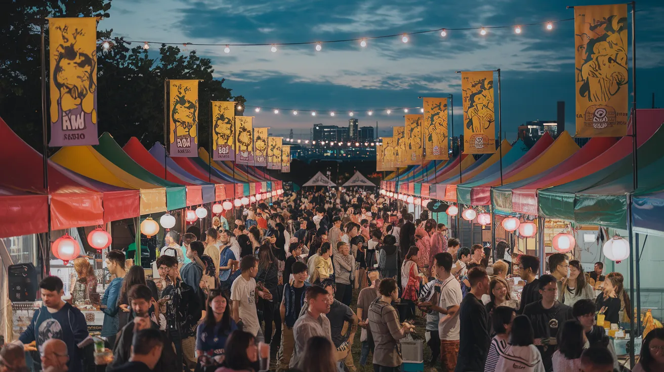 a vibrant Asian beer festival with rows of colorful food stalls and beer tents, featuring Asian beer brands. 