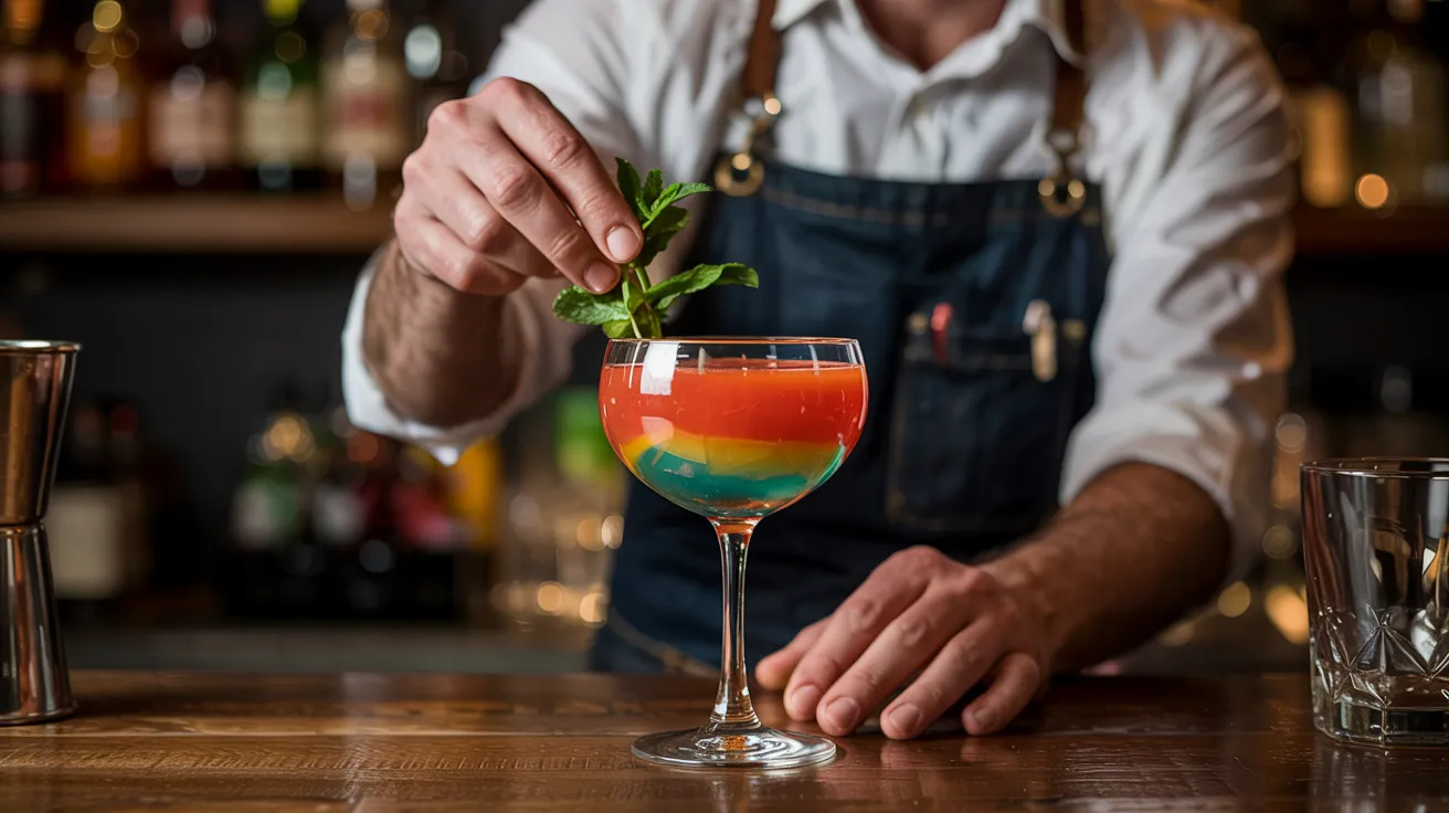 bartender garnishing a layered mocktail with mint in elegant glassware.