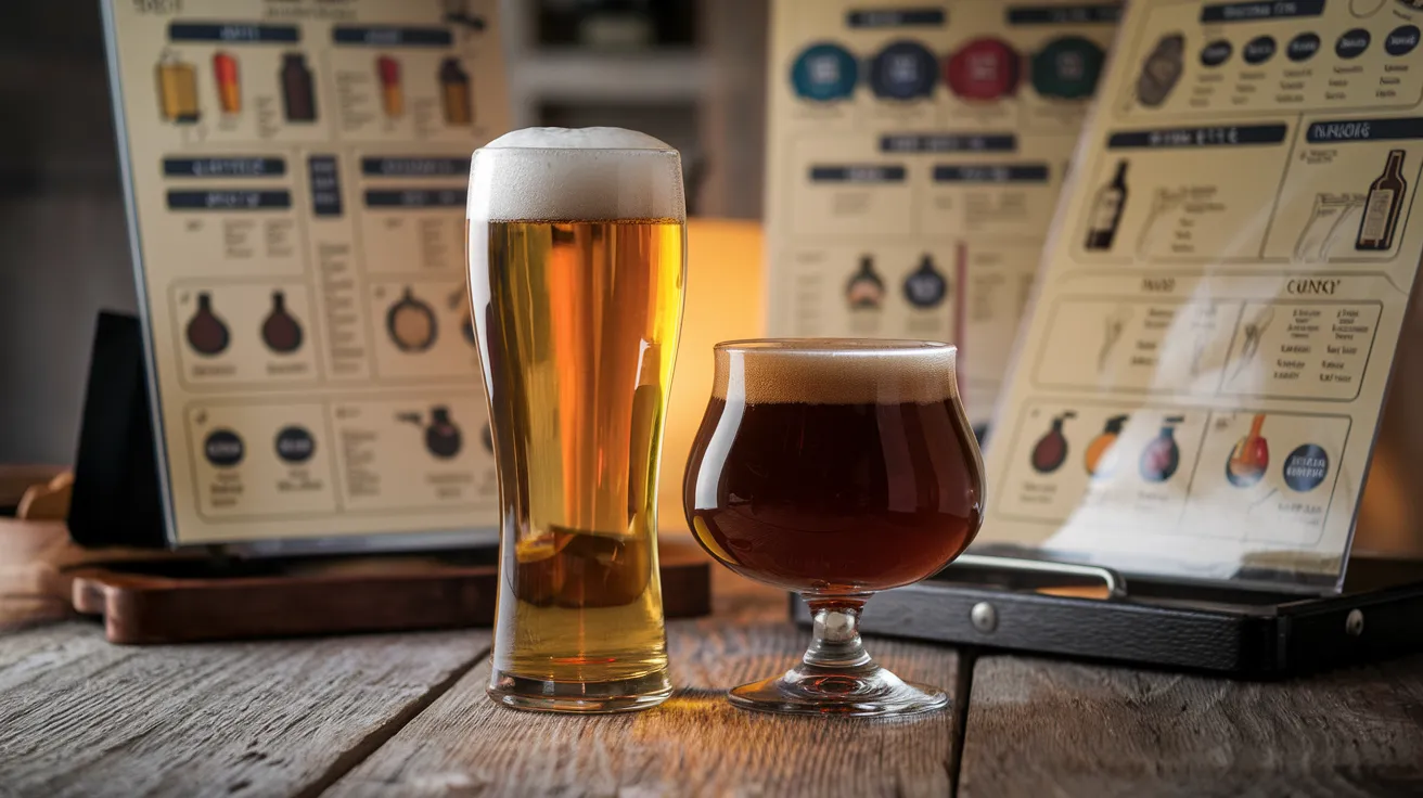 two distinct beer glasses side by side, one tall and slender containing a golden lager, the other shorter and wider holding a darker ale