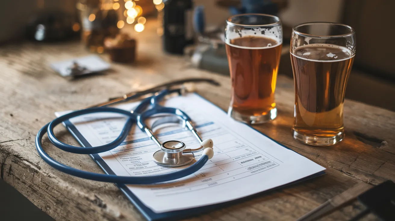 a table with two half-filled beer glasses, a scientific report, and a doctor's stethoscope, symbolizing the balance between enjoyment and health considerations