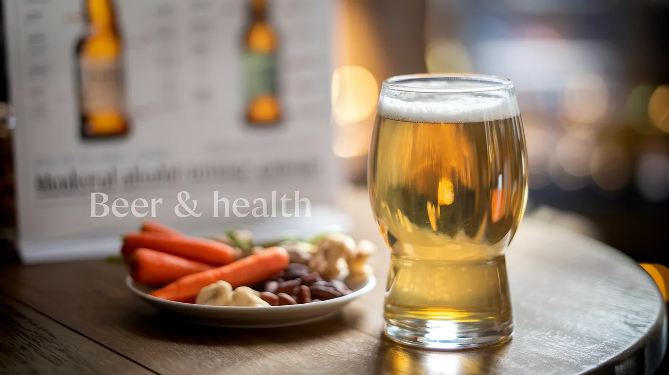 a glass of golden beer on a wooden table, with a small plate of healthy snacks nearby. In the background, a blurred medical chart or scientific poster about moderate alcohol consumption is visible