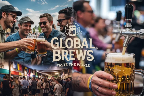 A lively collage of beer festival scenes from around the world—people clinking pint glasses, large outdoor tents, international flags, and rows of taps pouring golden beer