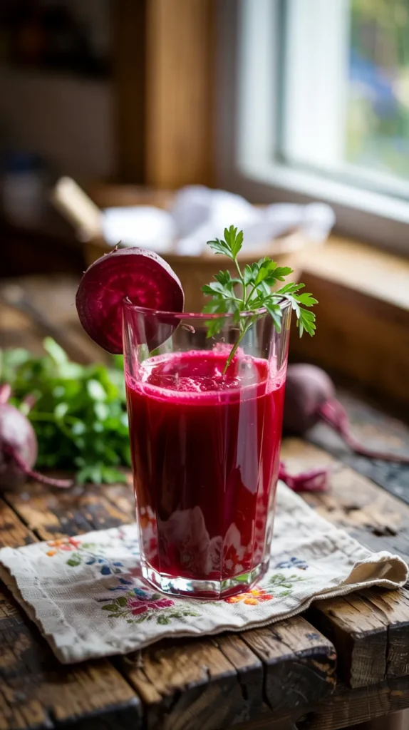 A bold red juice in a clear glass, topped with a beet slice and sprig of parsley, placed on a rustic wooden table.