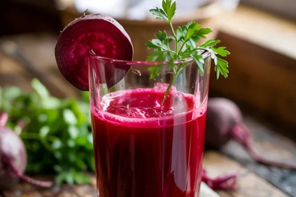 A bold red juice in a clear glass, topped with a beet slice and sprig of parsley, placed on a rustic wooden table.
