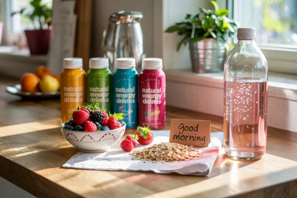 An array of energy drinks and healthy foods on a counter